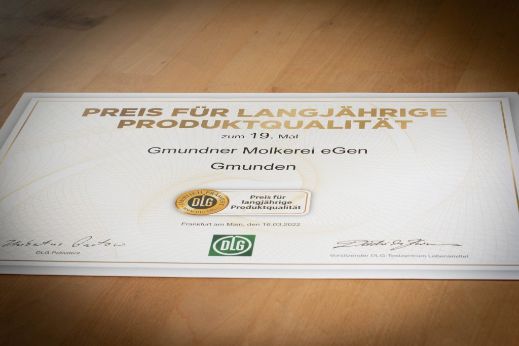 DLG Zertifikat für langjährige Qualität für die Gmundner Molkerei